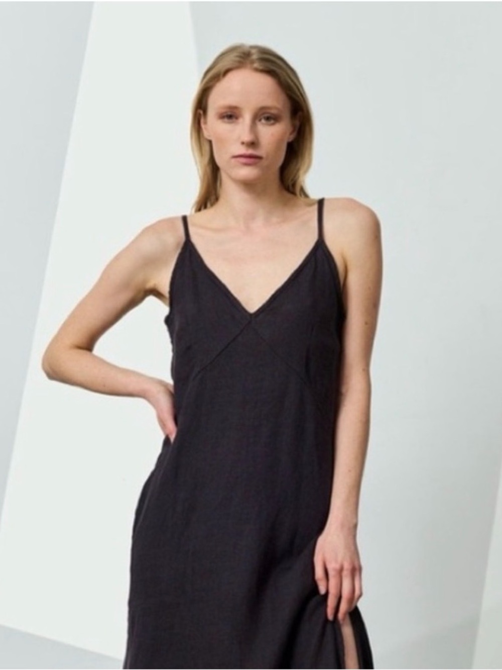 Reformation side slit dress. The model in the photo is wearing a similar dress.